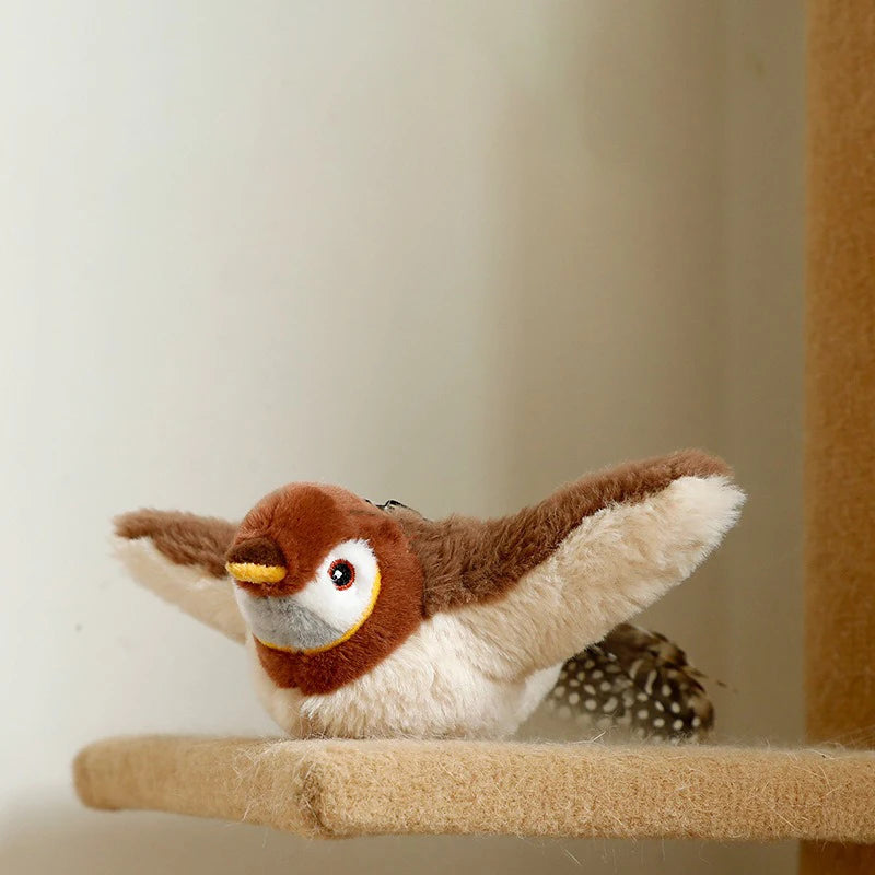 Interactive cat toy that mimics a bird with chirping sound
