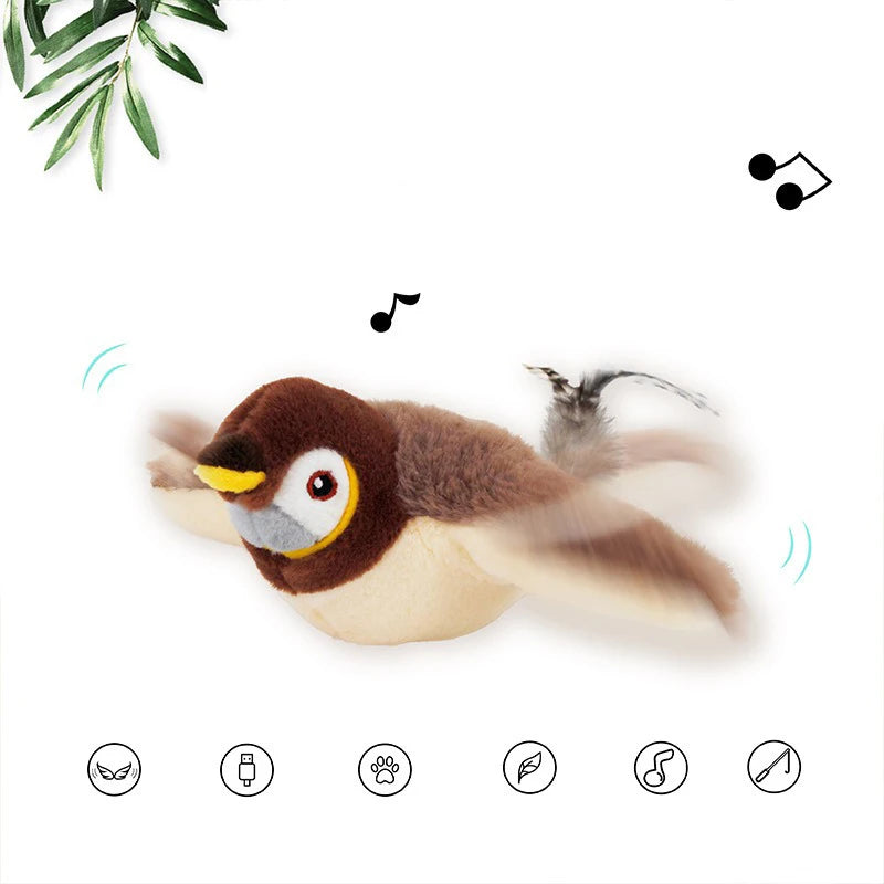 Interactive cat toy that mimics a bird with chirping sound