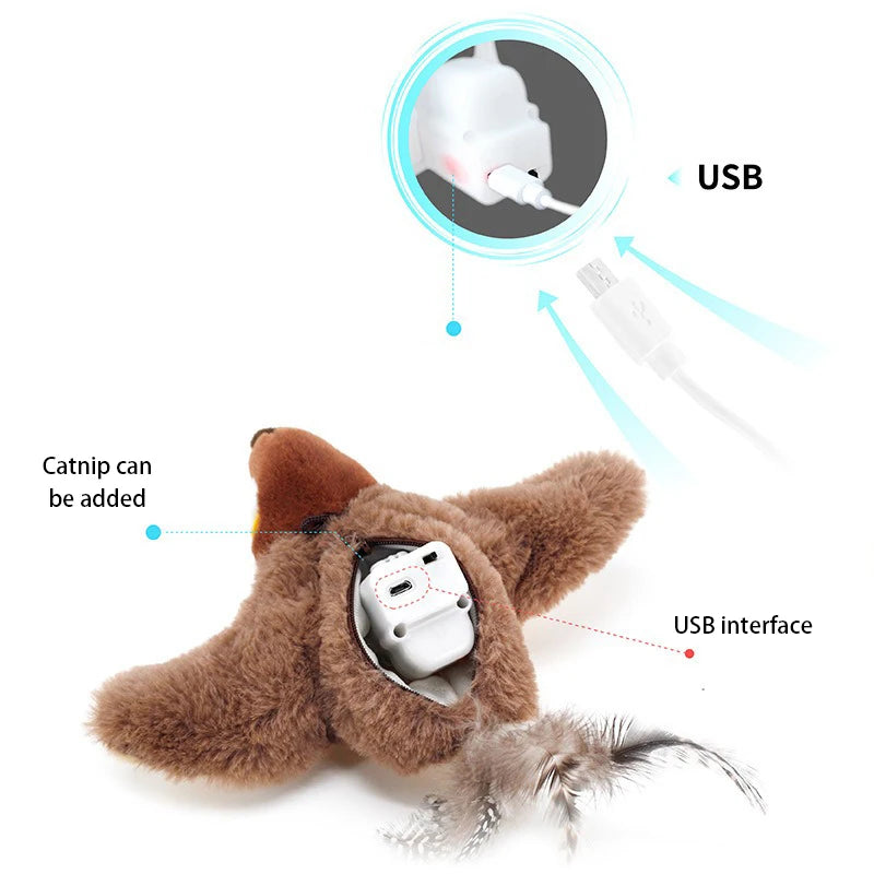 Interactive cat toy that mimics a bird with chirping sound