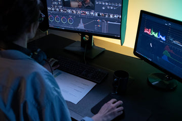 Man using multi screen computer setup to multitask as he is editing video using a video editing platform.