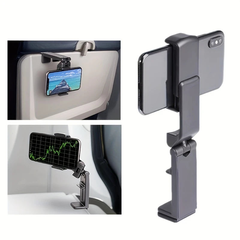 Phone holder being used to clip on to the tray table on an airplane