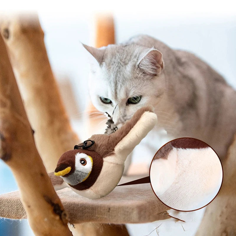 Interactive cat toy that mimics a bird with chirping sound