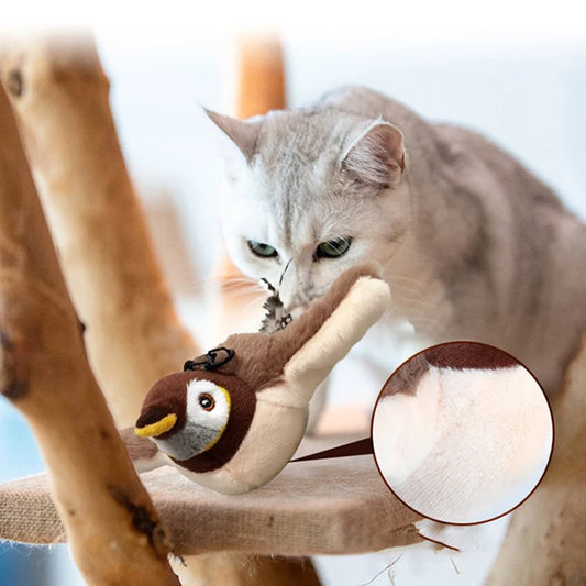 Interactive cat toy that mimics a bird with chirping sound