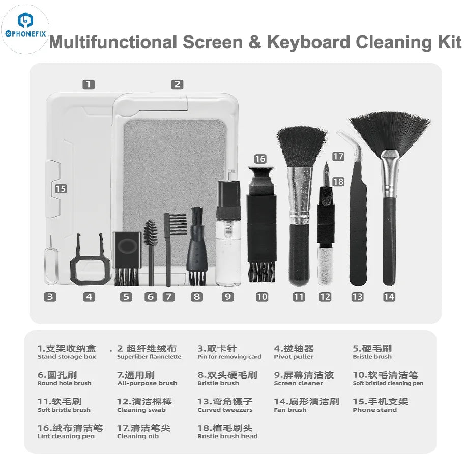 An Assortment of device cleaning tools and brushes