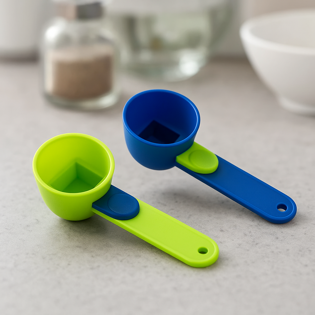 Blue and green powder scooper with button release. 